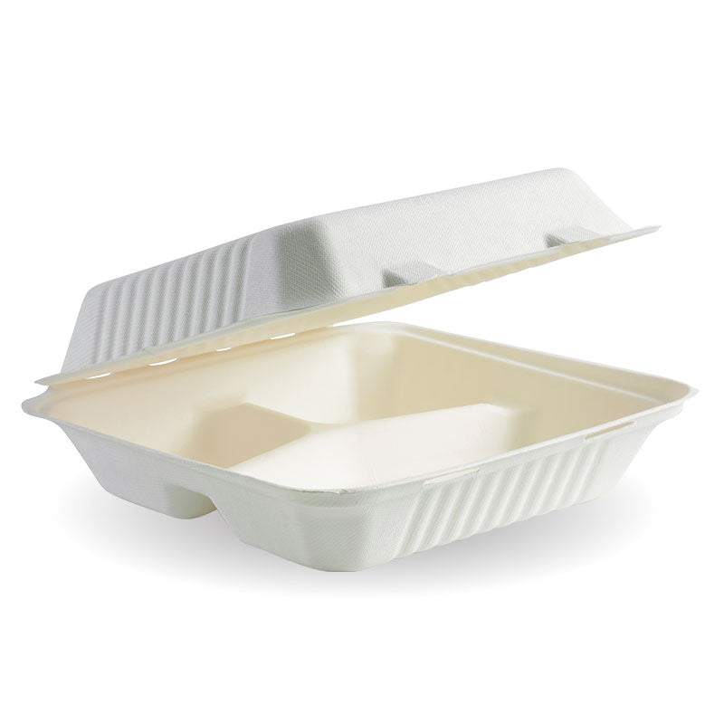 BIOPAK CLAMSHELL 3 COMPARTMENT 9&quot; X 9&quot; X 3&quot; (SLV100)