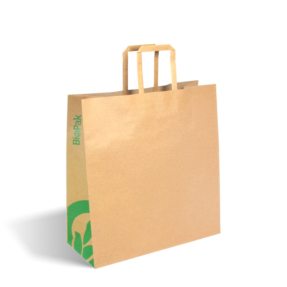 BIOPAK MEDIUM FLAT HANDLE PAPER BAGS (CTN 200)
