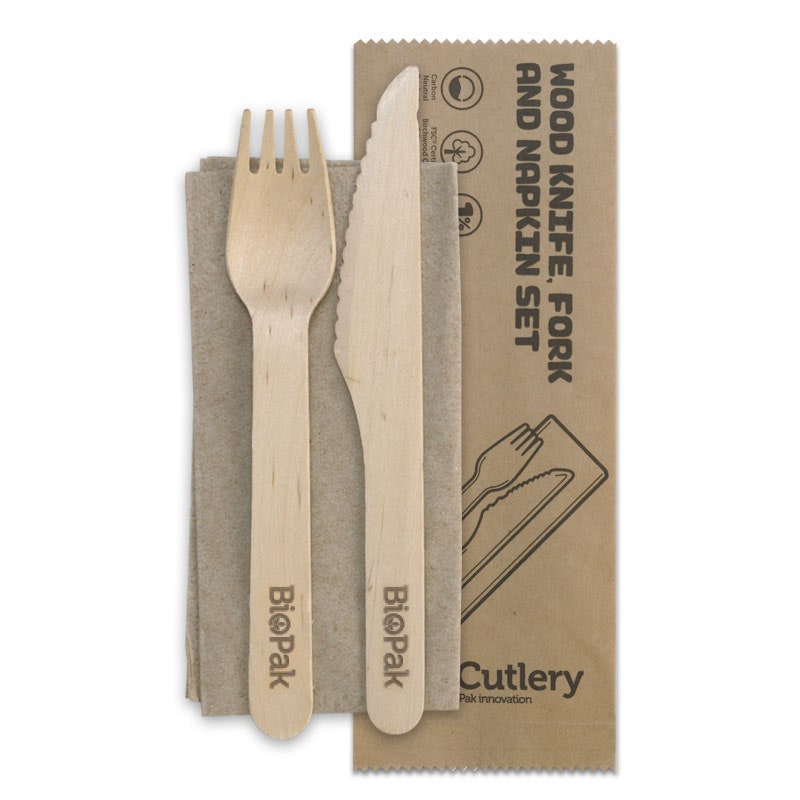 BIOPAK WOODEN KNIFE FORK & NAPKIN (PKT 100)