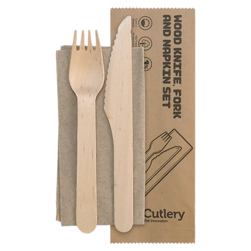 Biopak Wooden Knife, Fork & Napkin Set