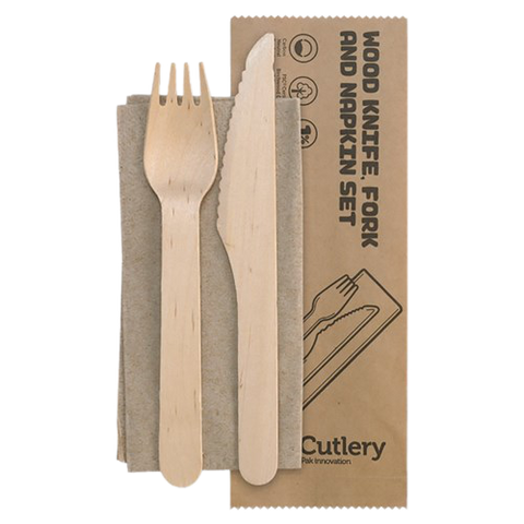 Biopak Wooden Knife, Fork & Napkin Set